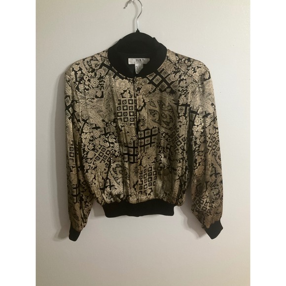 S.L.B. Petite Jackets & Blazers - SLB Petite 100% Silk Bomber Jacket Gold Black Paisley Floral Print Small